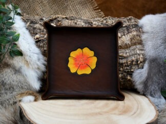 leren dicetray donkerbruin met oranje bloezem L