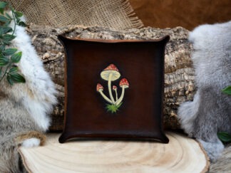 leren dicetray donkerbruin met oranje paddenstoelen L