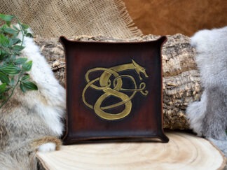 leren dicetray donkerbruin met gouden serpent L