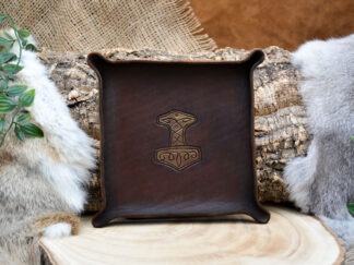leren dicetray donkerbruin met gouden Mjölnir L
