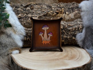 leren dicetray donkerbruin met paarse paddenstoel M