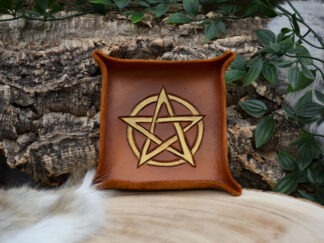 leren dicetray M licht bruin met goud pentagram