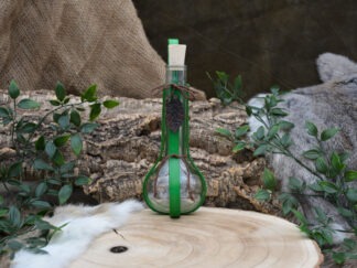 Glazen fles met groen leren houder en groen blad L